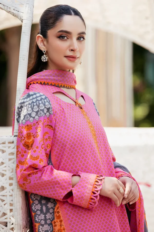 Pakistani Unstitched Lawn Purplish Pink Three Piece - Image 2