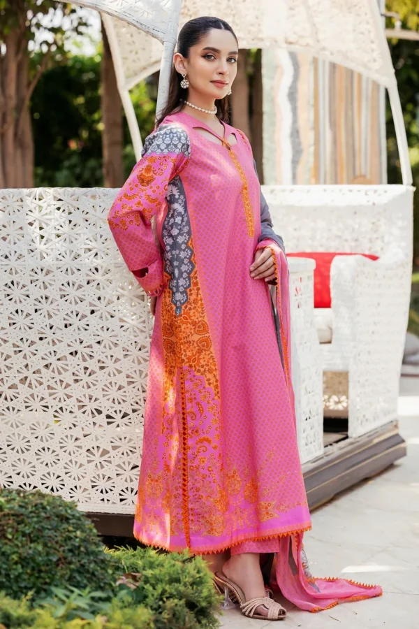 Pakistani Unstitched Lawn Purplish Pink Three Piece - Image 4