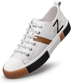A white leather sneaker with brown and black accents (ZERO GENTRY)