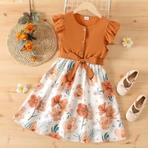 Patpat girl kids dress vestidos de menina para festa muito elegante de babados de impressão floral splice belted flutter-vestido de manga menina roupas