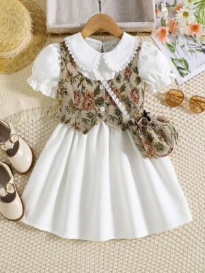 New Summer Sister Match Outfits Pink Princess Dress Sister Baby Girls Clothes Puff Sleeve Floral Romper Cotton Dress One-Pieces