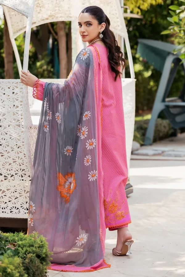 Pakistani Unstitched Lawn Purplish Pink Three Piece - Image 3