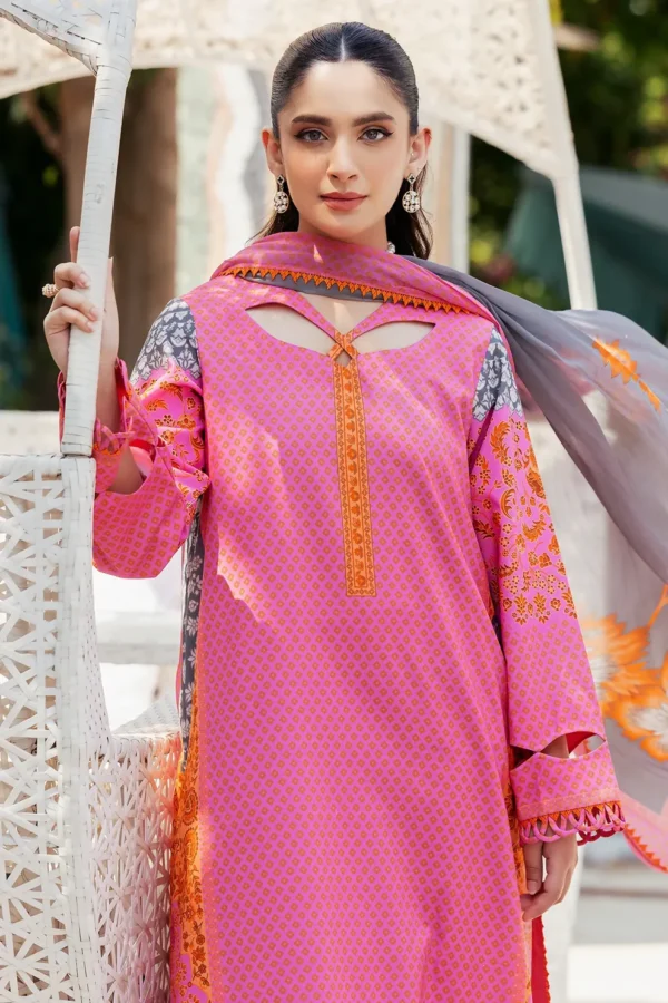 Pakistani Unstitched Lawn Purplish Pink Three Piece - Image 5